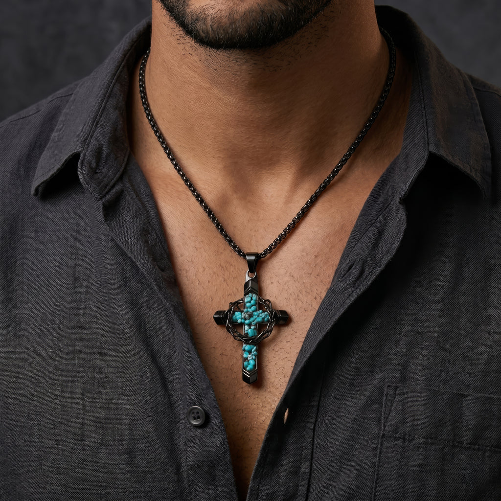 Blue Crown Cross Pendant Necklace